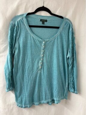 Lauren Ralph Lauren XL Aqua Blue Cotton Henley Top Crochet Lace Sleeve